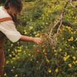 a woman picking berries off of a bush